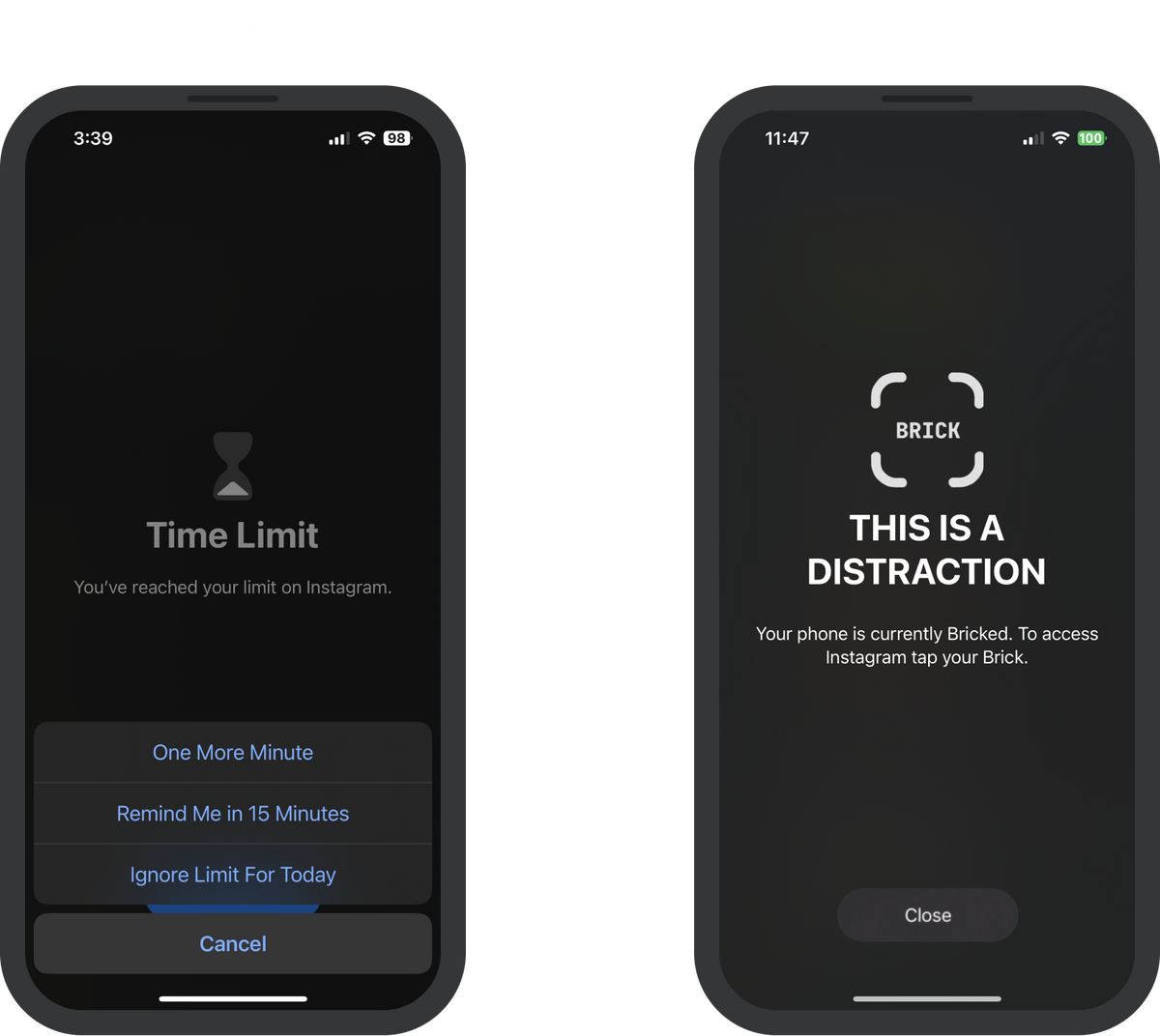 Brick marketing comparison illustrating an iPhone Screen Time override prompt beside a Brick app distraction-blocked screen