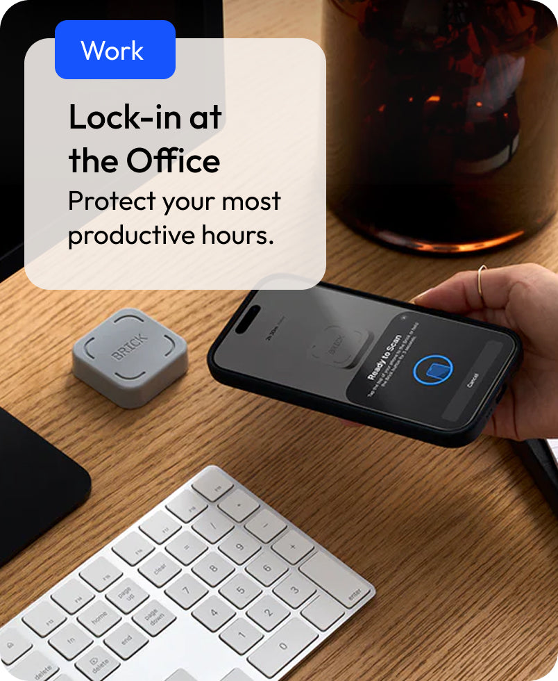 Text reads: 'Work – Lock-in at the Office: protect your most productive hours.' Person using a smartphone with a device on a desk, with text about protecting productive hours.