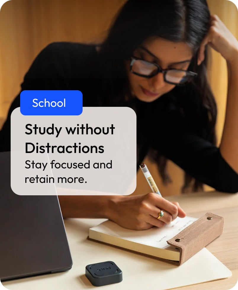 Text reads: 'School – Study without distractions: stay focused and retain more.' Person studying with a focus on distractions, using a device labeled 'School' to study without distractions.